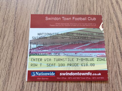 Swindon v Stockport County Oct 2003 Used Football Ticket