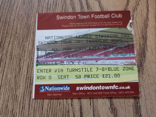 Swindon v Tranmere Rovers March 2004 Used Football Ticket