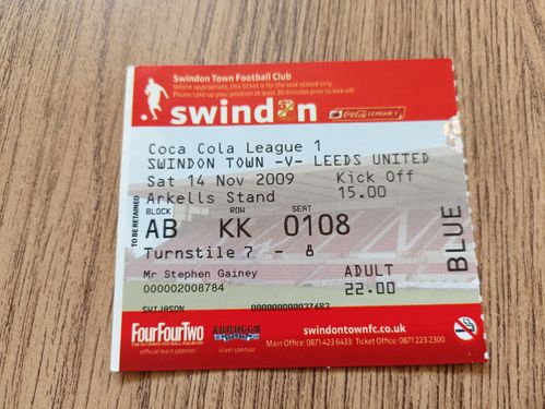 Swindon v Leeds United Nov 2009 Used Football Ticket
