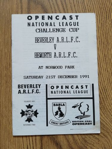Beverley v Heworth 1991 National League Challenge Cup Rugby League Programme