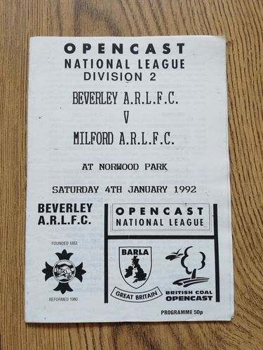 Beverley v Milford Jan 1992 Rugby League Programme