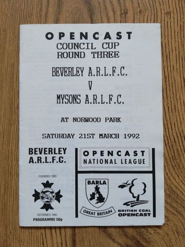 Beverley v Mysons March 1992 Council Cup Rugby League Programme