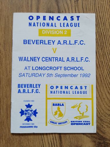 Beverley v Walney Central Sept 1992 Rugby League Programme