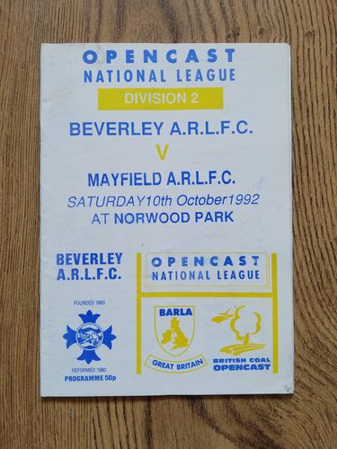 Beverley v Mayfield Oct 1992 Rugby League Programme