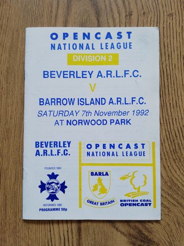 Beverley v Barrow Island Nov 1992 Rugby League Programme