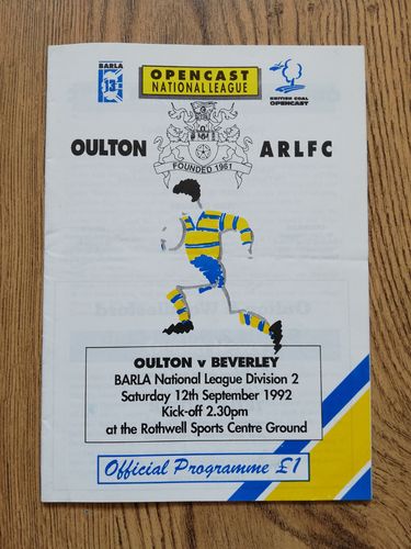 Oulton v Beverley Sept 1992 Rugby League Programme
