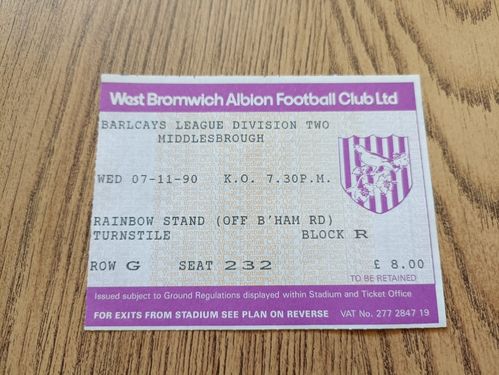 West Bromwich Albion v Middlesbrough Nov 1990 Used Football Ticket
