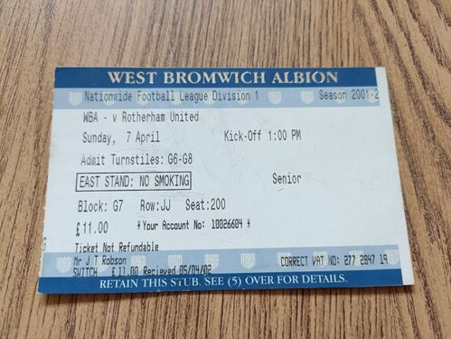 West Bromwich Albion v Rotherham United Apr 2002 Used Football Ticket