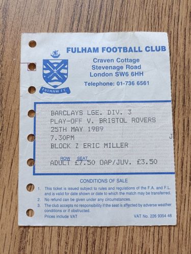 Fulham v Bristol Rovers May 1989 Play-Off Used Football Ticket