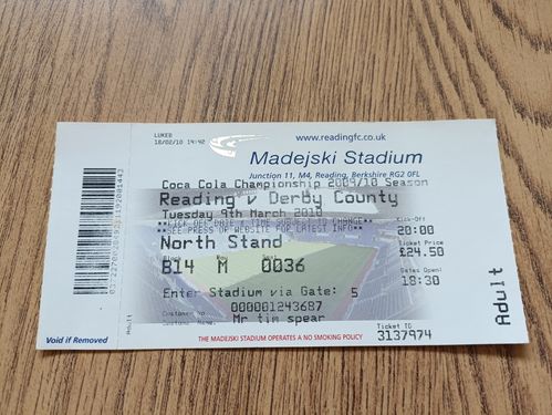 Reading v Derby County March 2010 Used Football Ticket