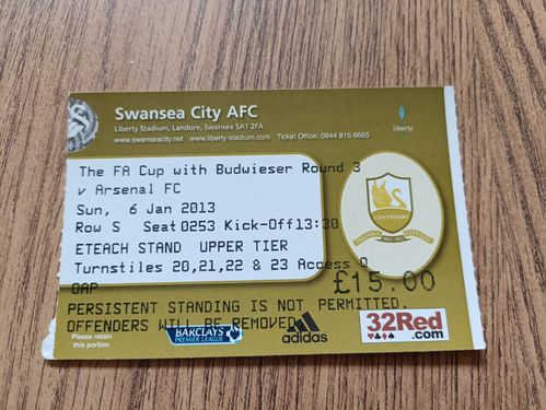 Swansea City v Arsenal Jan 2013 FA Cup Used Football Ticket