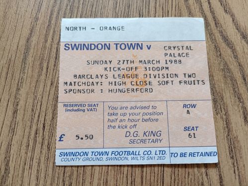 Swindon Town v Crystal Palace March 1988 Used Football Ticket