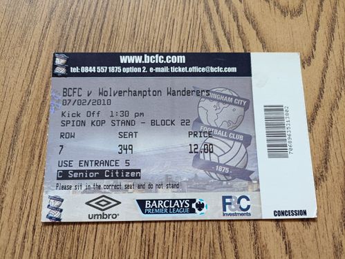 Birmingham City v Wolverhampton Wanderers Feb 2010 Used Football Ticket