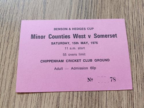 Minor Counties West v Somerset 1976 Benson & Hedges Cup Used Cricket Ticket