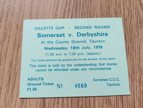 Somerset v Derbyshire 1979 Gillette Cup Used Cricket Ticket