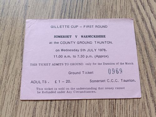 Somerset v Warwickshire 1978 Gillette Cup Used Cricket Ticket