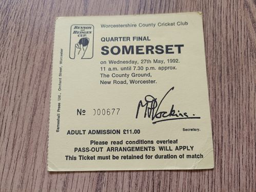 Worcestershire v Somerset 1992 Benson & Hedges Cup Quarter-Final Cricket Ticket