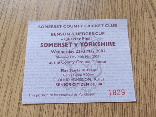 Somerset v Yorkshire 2001 Benson & Hedges Cup Quarter-Final Used Cricket Ticket