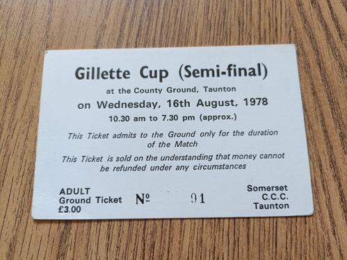 Somerset v Essex 1978 Gillette Cup Semi-Final Used Cricket Ticket