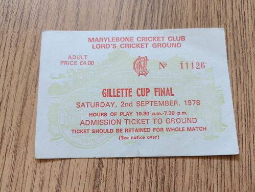Somerset v Sussex 1978 Gillette Cup Final Used Cricket Ticket