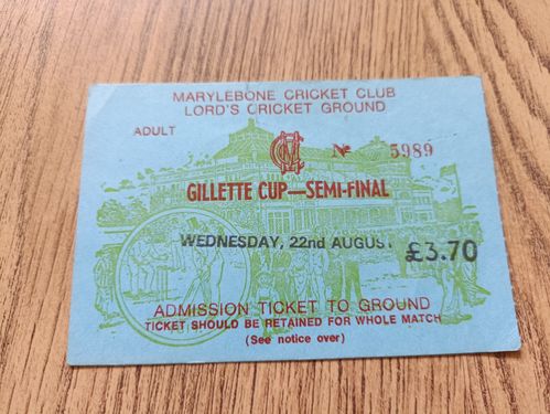 Middlesex v Somerset 1979 Gillette Cup Semi-Final Used Cricket Ticket