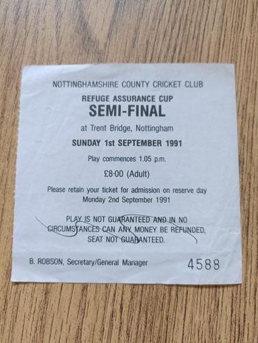Nottinghamshire v Worcestershire 1991 Refuge Assurance Cup S-Final Used Cricket Ticket