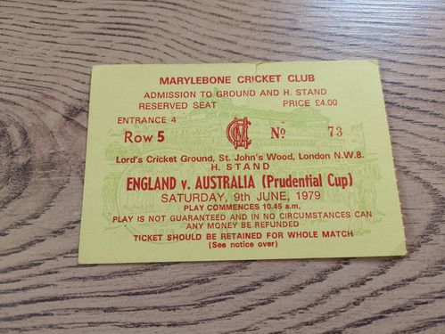 England v Australia 1979 Prudential World Cup Used Cricket Ticket