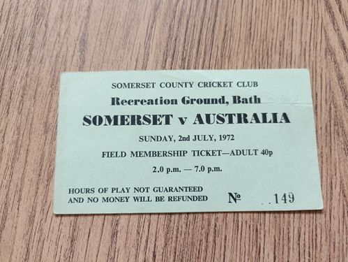 Somerset v Australia 1972 Used Cricket Ticket