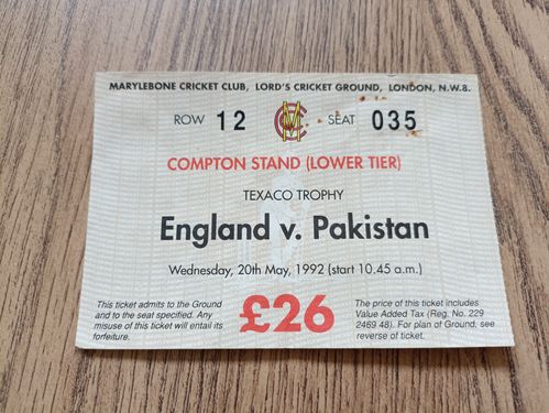 England v Pakistan 1992 Texaco Trophy Used Cricket Ticket