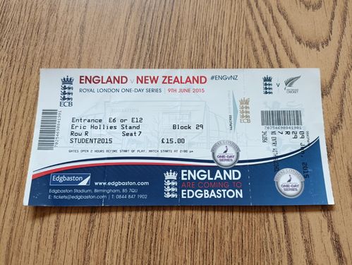 England v New Zealand 2015 Royal London One Day Series Used Cricket Ticket