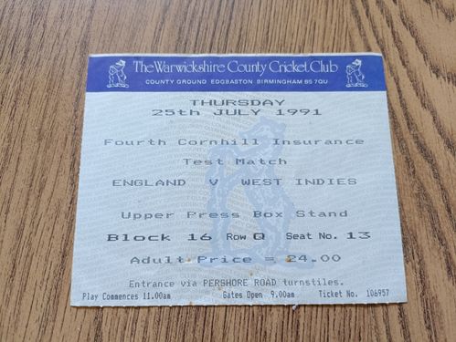 England v West Indies 1991 4th Test Used Cricket Ticket