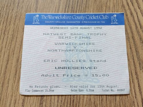 Warwickshire v Northamptonshire 1992 Natwest Trophy Semi-Final Used Cricket Ticket