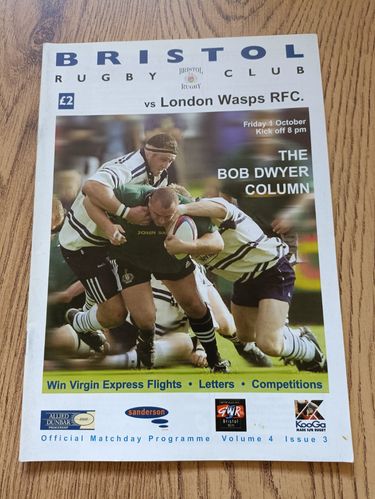 Bristol v London Wasps Oct 1999 Rugby Programme