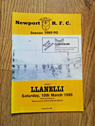 Newport v Llanelli Mar 1990 Rugby Programme