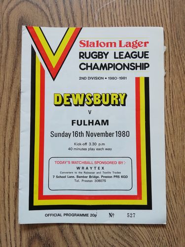 Dewsbury v Fulham Nov 1980 Rugby League Programme