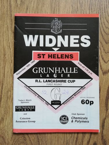 Widnes v St Helens Sept 1988 Lancashire Cup Rugby League Programme