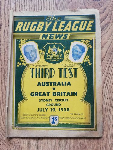 Australia v Great Britain 3rd Test 1958 Rugby League Programme