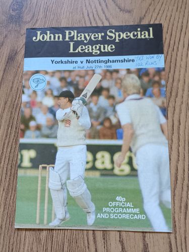 Yorkshire v Nottinghamshire July 1986 John Player League Cricket Programme