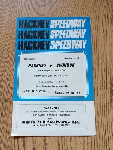 Hackney v Swindon June 1972 Speedway Programme