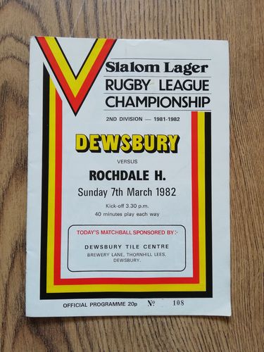 Dewsbury v Rochdale Hornets March 1982 Rugby League Programme