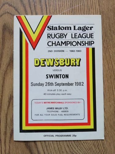 Dewsbury v Swinton Sept 1982 Rugby League Programme