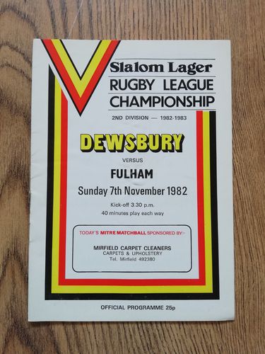 Dewsbury v Fulham Nov 1982 Rugby League Programme