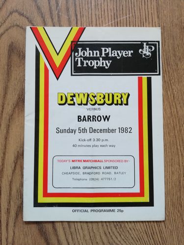 Dewsbury v Barrow Dec 1982 John Player Trophy Rugby League Programme