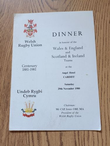 Wales & England v Scotland & Ireland 1980 Rugby Dinner Menu