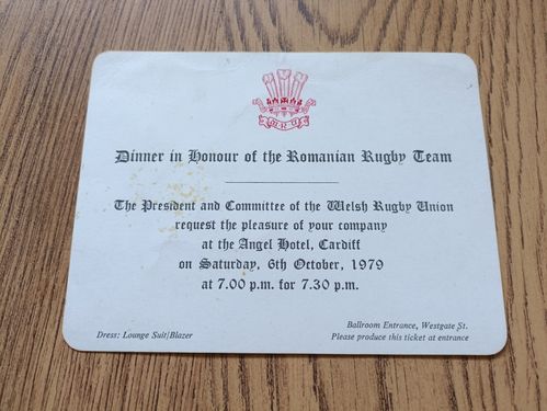 Wales v Romania 1979 Rugby Dinner Invitation Card