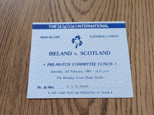 Ireland v Scotland 1990 Committee Rugby Lunch Invitation Card