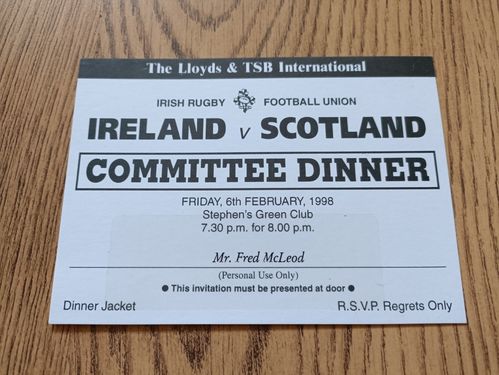 Ireland v Scotland 1998 Committee Rugby Dinner Invitation Card