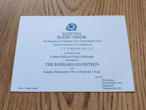 Scotland v Barbarians 1991 Rugby Dinner Invitation Card