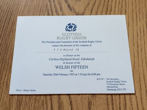 Scotland v Wales 1993 Rugby Dinner Invitation Card