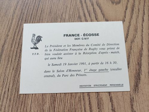 France v Scotland 1991 Rugby Post-Match Reception Invitation Card